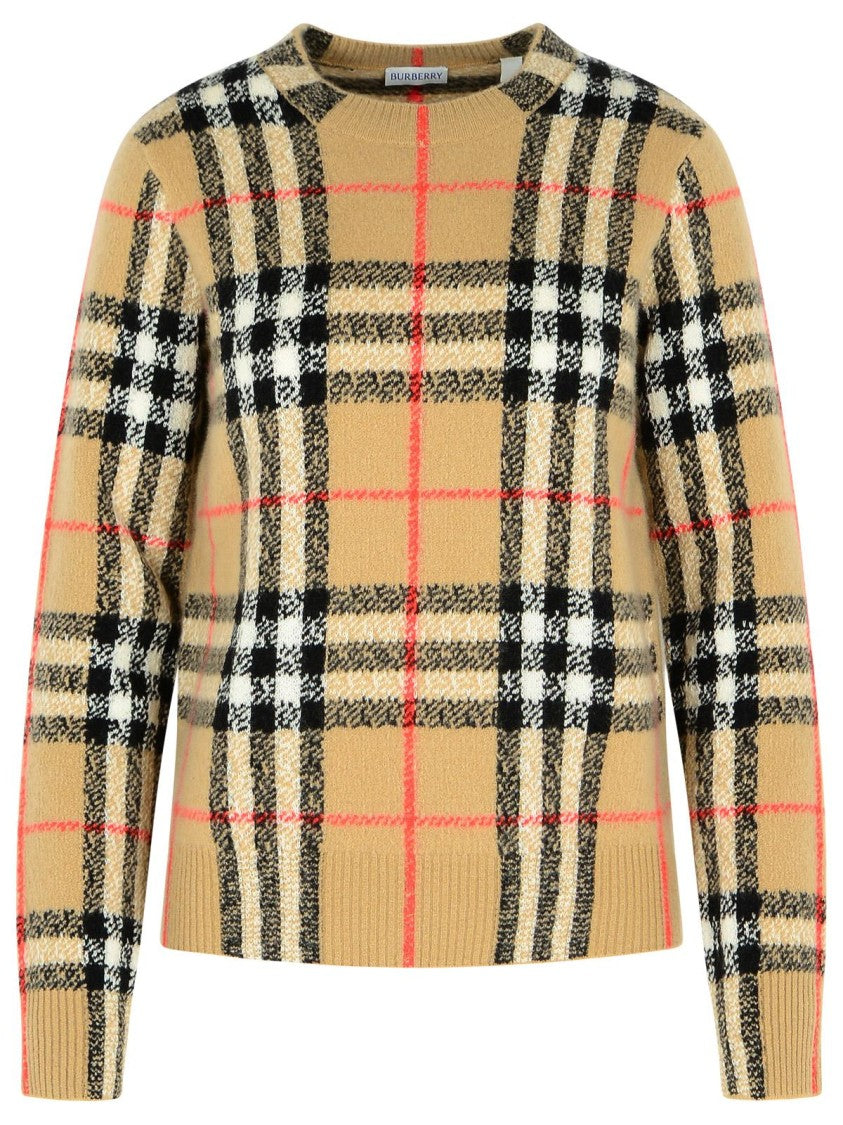 Burberry 'Constance Check' Beige Cashmere And Wool Sweater