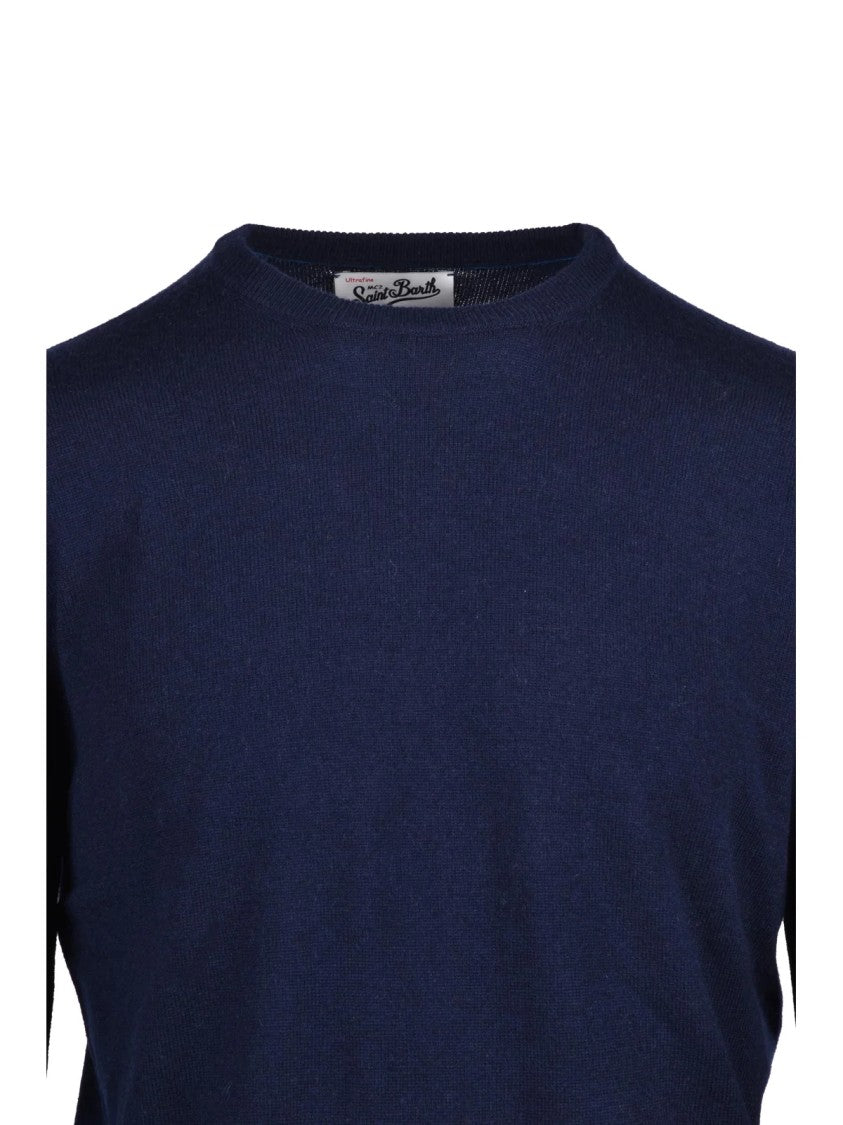 Mc2 Saint Barth Deep Blue Extrafine Merino Wool-Cashmere Crewneck Sweater