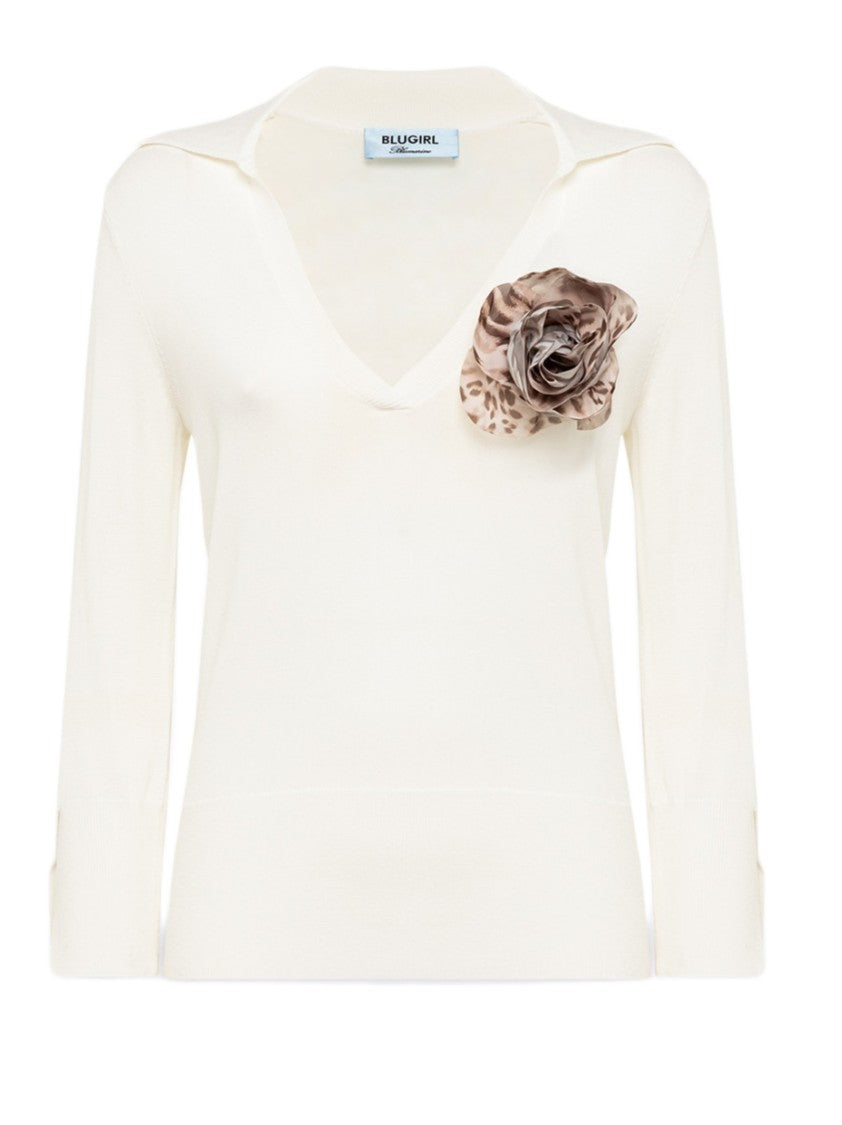 Blugirl Slim-Fit Polo-Style Sweater With Rose-Shaped Brooch