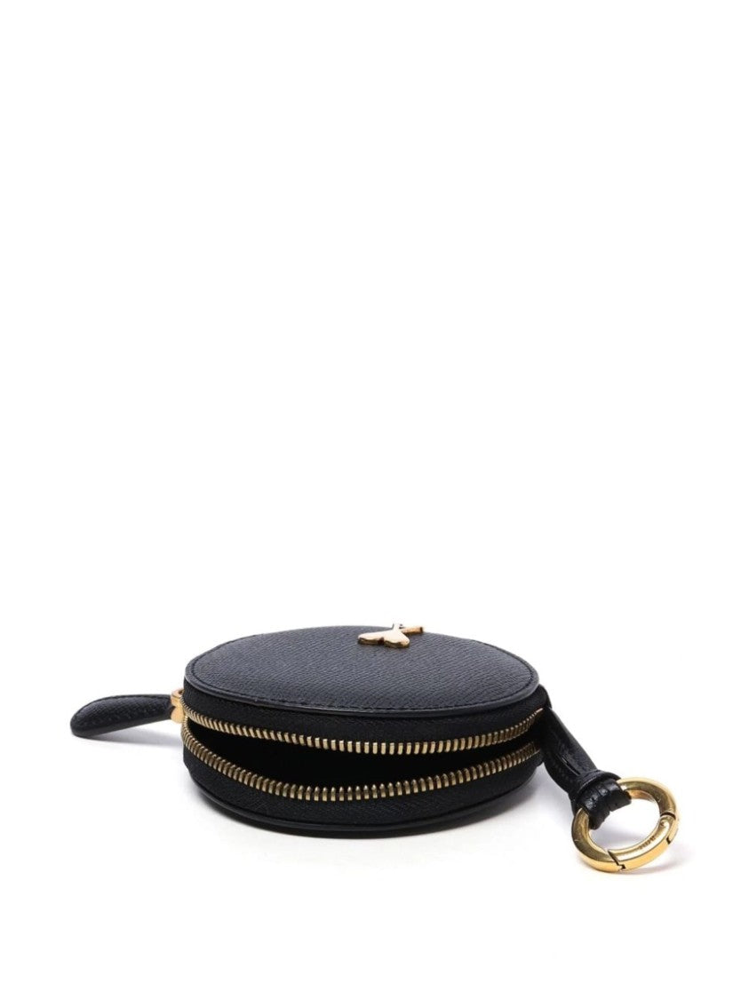 Ami Round Black Leather Wallet With Gold-Tone Keyring