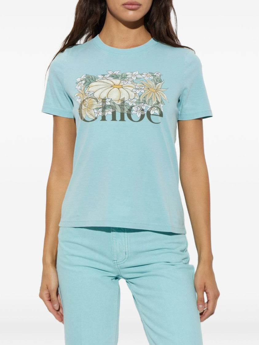 Chloé Light Blue Cotton Floral Graphic T-Shirt