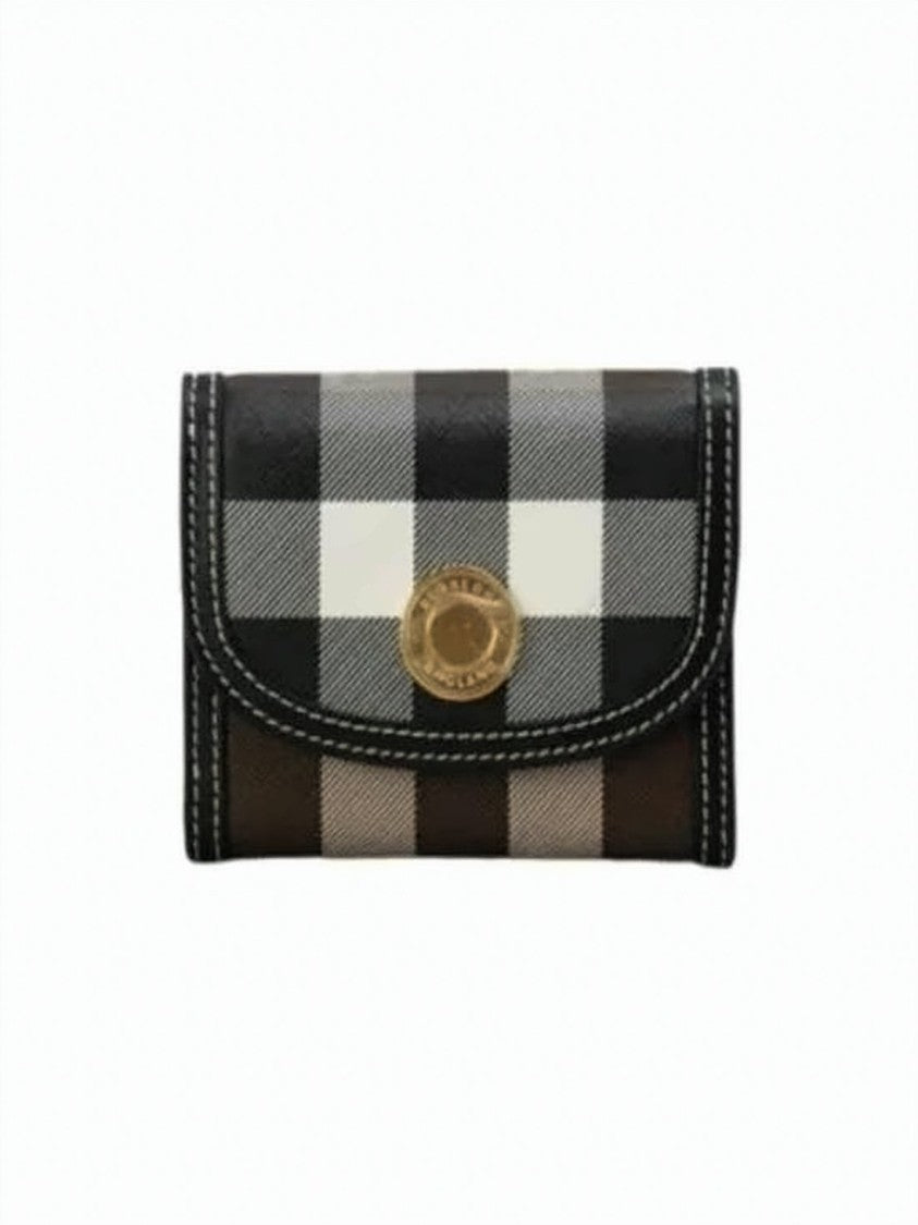 Burberry Compact Checkered Wallet With Gold-Tone Emblem