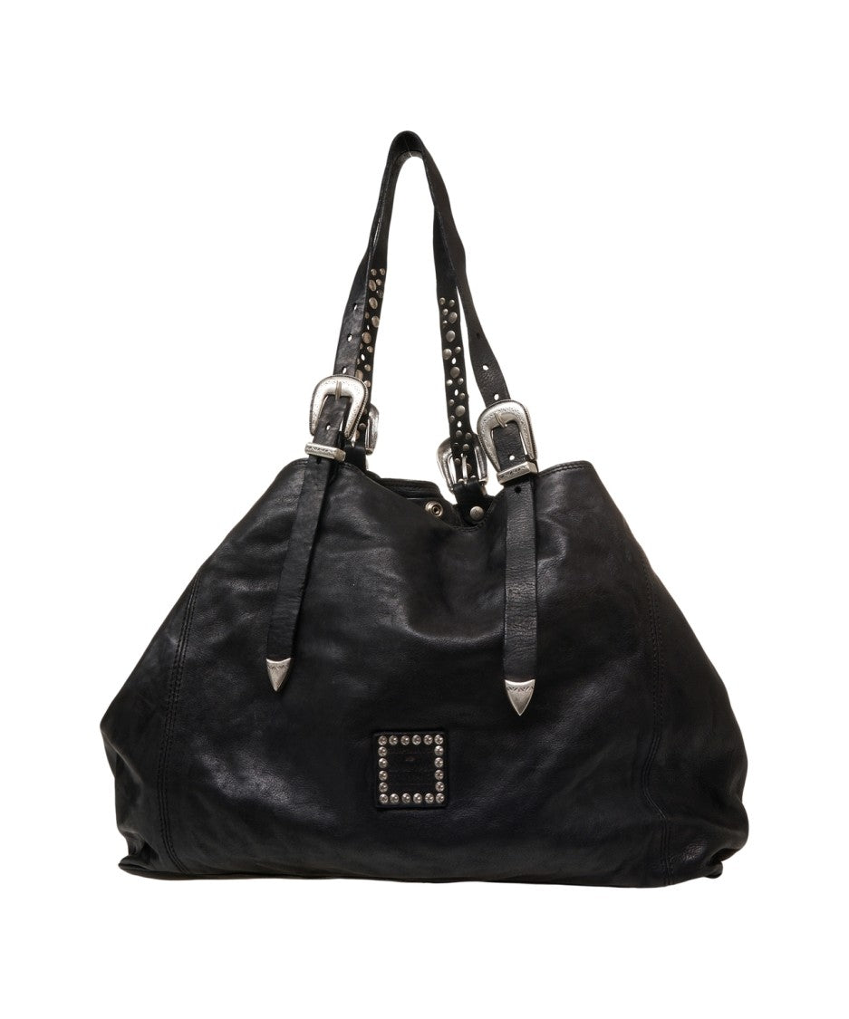 Campomaggi Spacious Black Leather Handbag With Studded Details