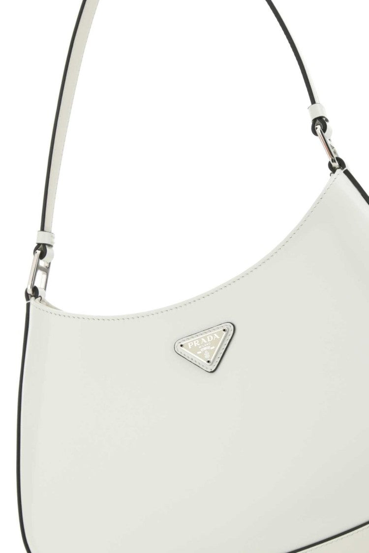 Prada Curved White Shoulder Bag With Triangular Logo And Gold Hardware