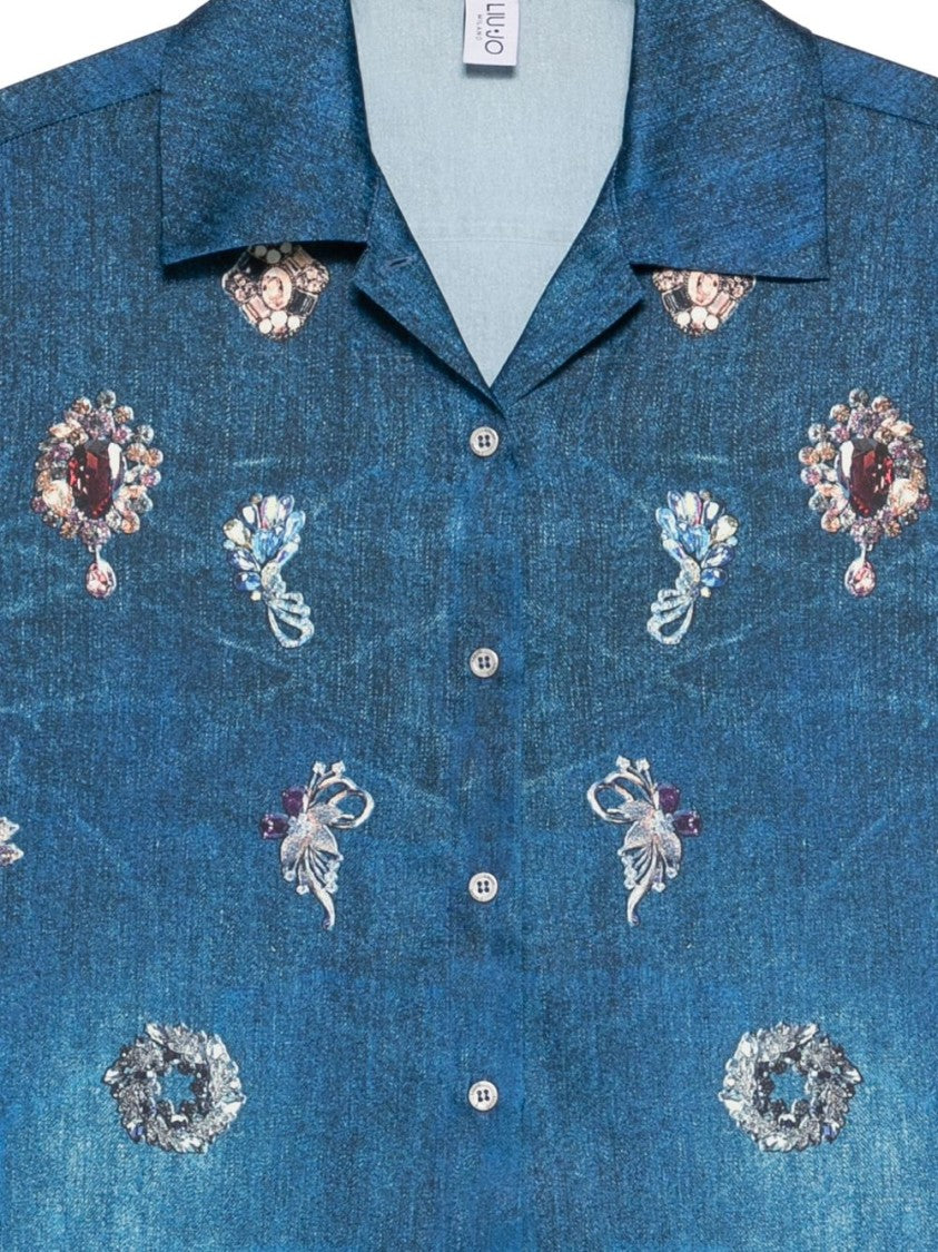 Liu Jo Blue Denim-Effect Digital-Print Shirt