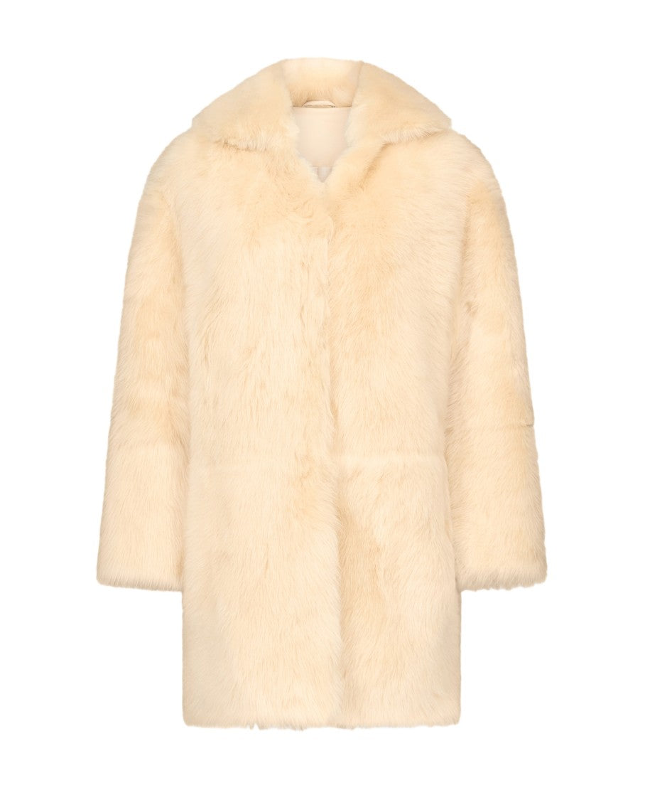 Loulou De Saison Light Yellow Lamb Fur Coat With Wide French Collar And Concealed Fastening