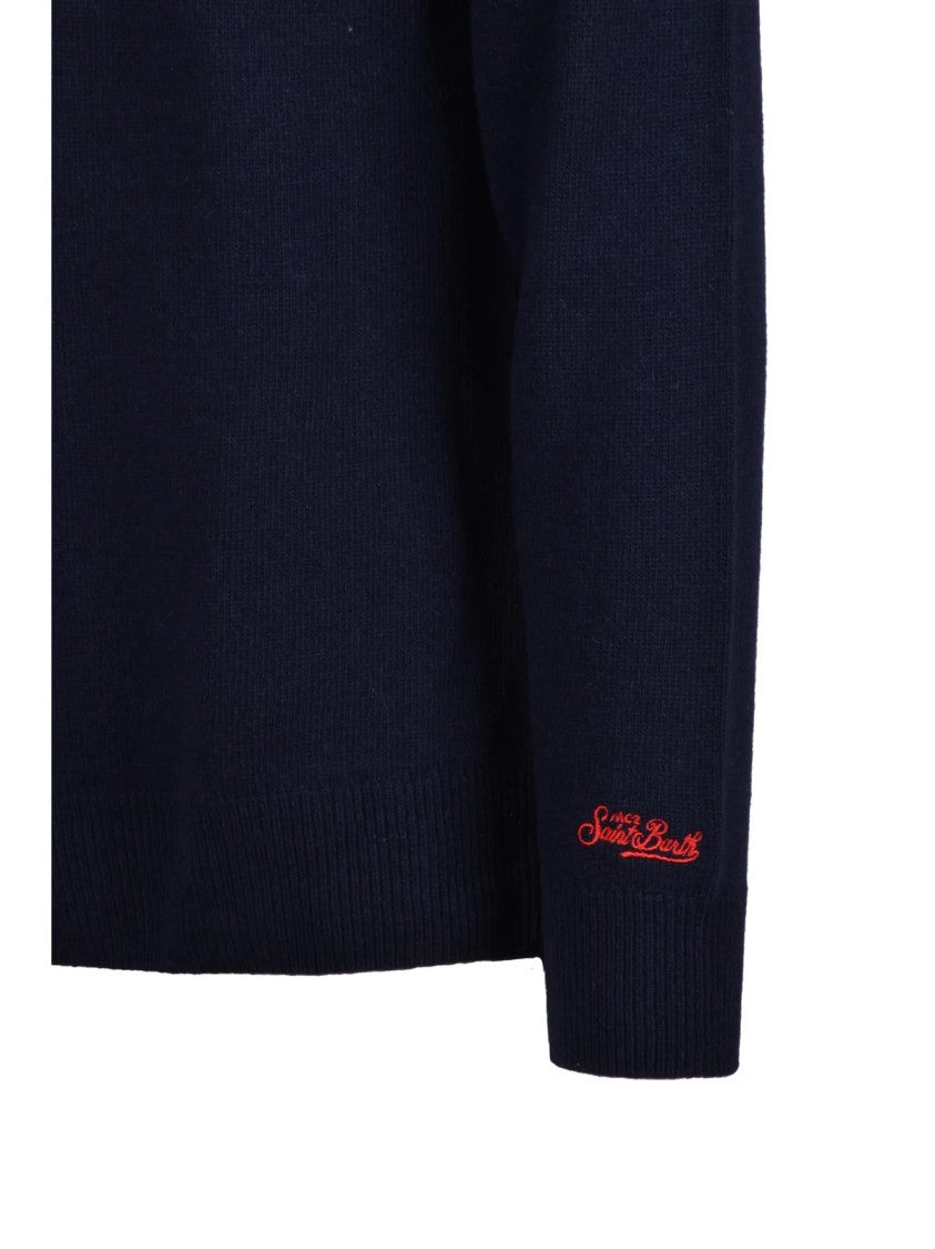 Mc2 Saint Barth Navy Crewneck Sweater With Bold Textured Lettering