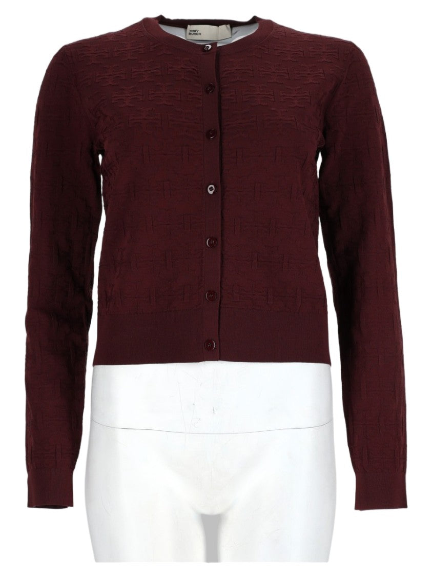 Tory Burch Burgundy Fitted Button-Up Knit Sweater