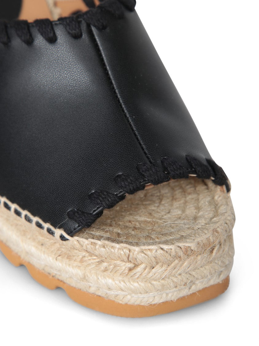 Stella Mccartney Black Leather Espadrilles With Woven Jute Platform