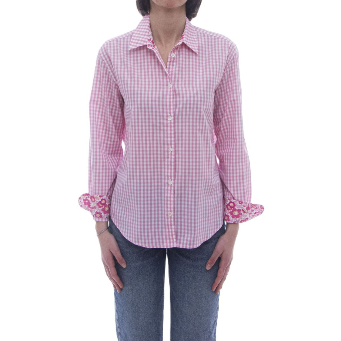 Mc2 Saint Barth Gingham Check Long-Sleeved Shirt With Floral Cuffs