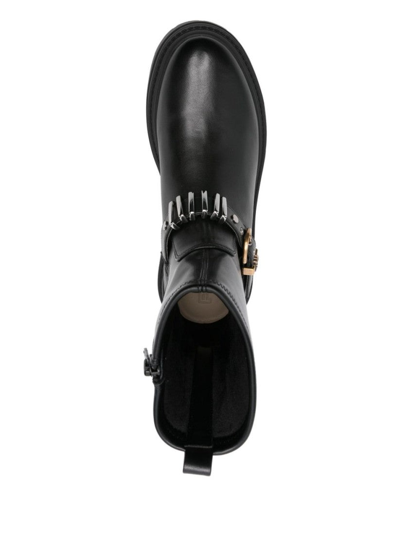Pinko Black Leather Ankle Boots With Buckle Detail