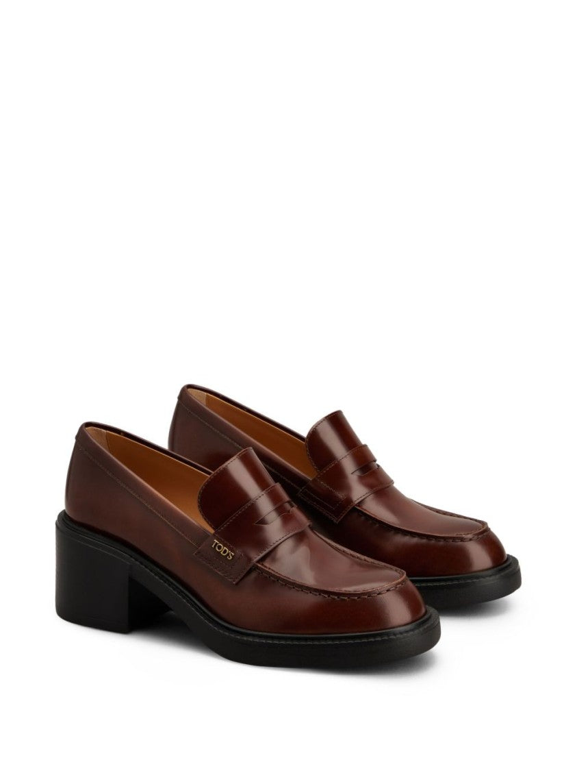 Tod's Black Calfskin Leather Block Heel Loafers