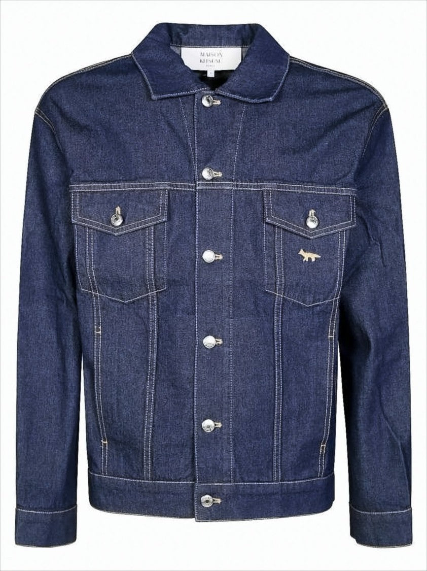 Maison Kitsuné Structured Blue Denim Jacket With Flap Pockets And Embroidered Logo