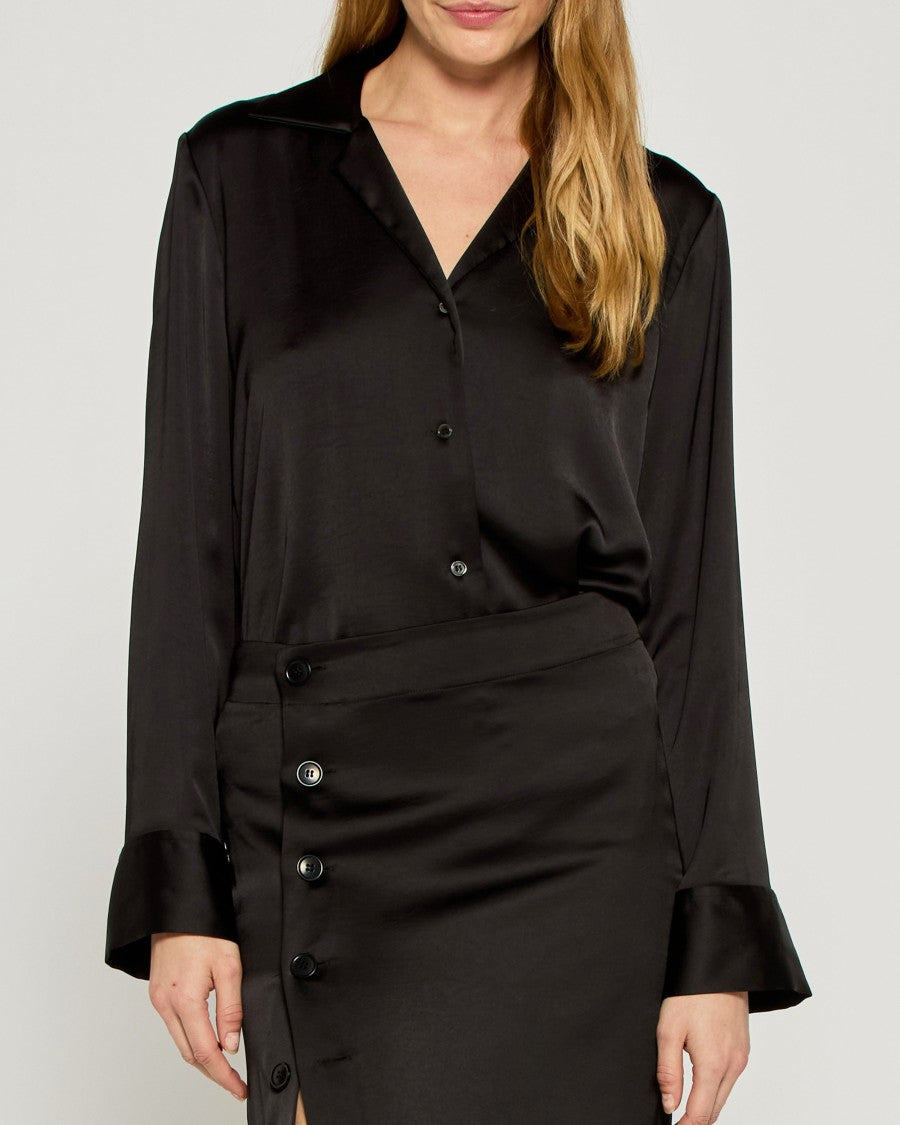 Serena Bute Satin Revere Collar Shirt - Black