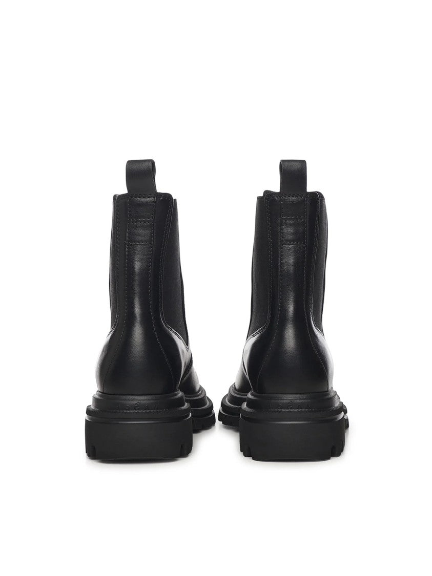 Hogan Timeless Black Leather Ankle Boots With Design