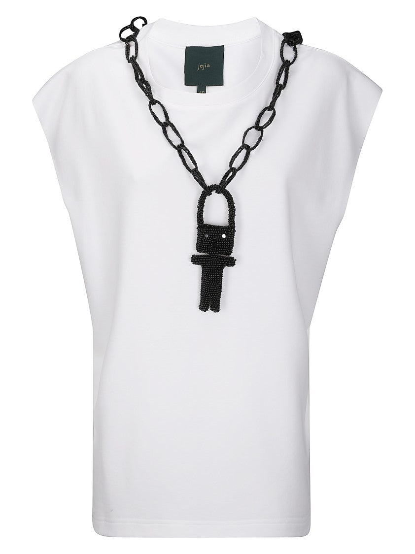 Jejia Oversized White Cotton T-Shirt With Raw-Cut Sleeves And Black Bead Insert
