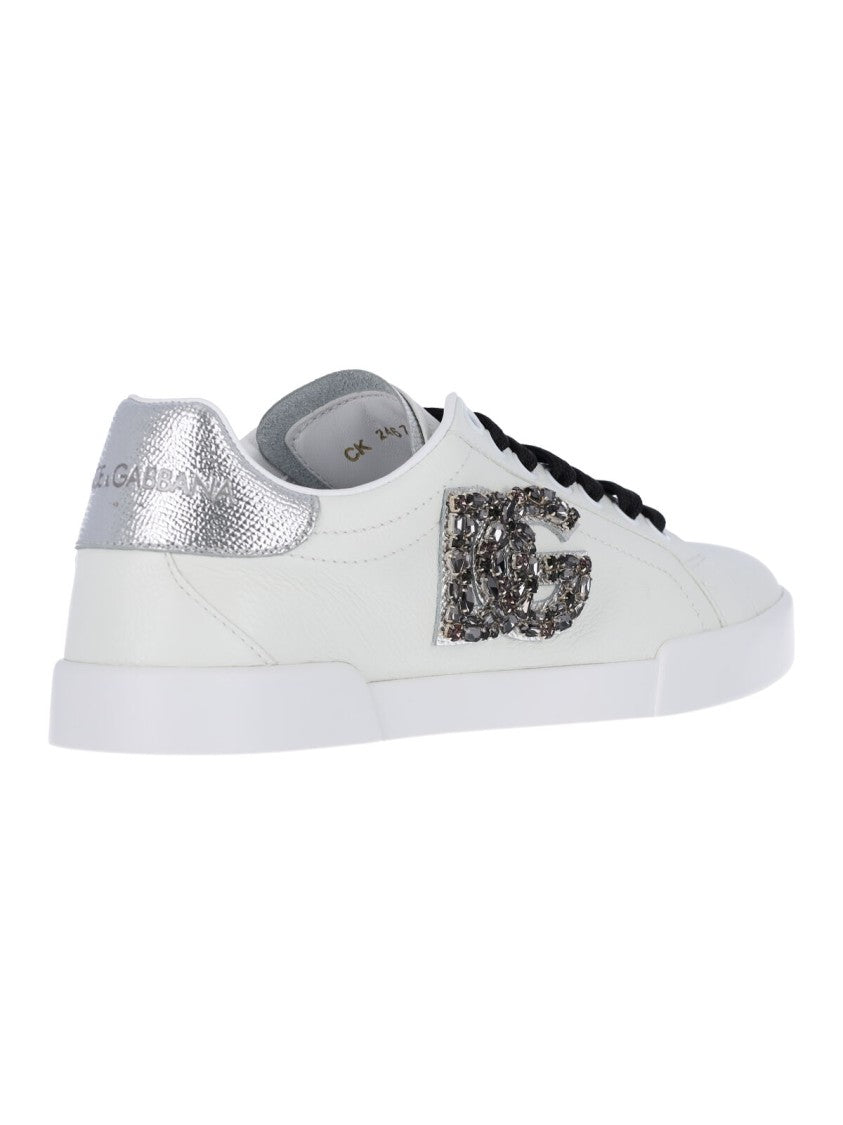 Dolce & Gabbana White Portofino Rhinestone Logo Leather Sneakers