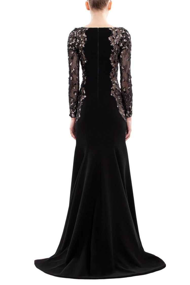 Saiid Kobeisy Embellished Crepe Long Dress With Sheer Sleeves And Sequined Detail