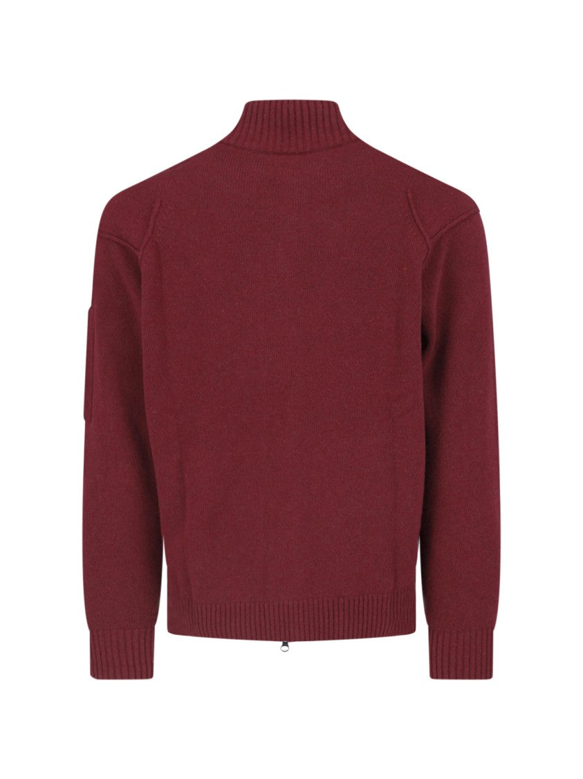 C.P. Company Burgundy Wool Blend Zip-Up Cardigan With Ribbed Collar