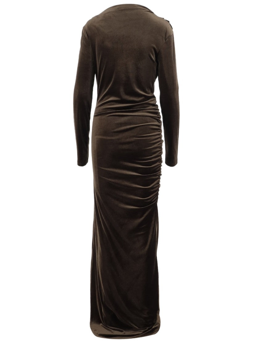 Don't @ Me Dark Brown Side Draped Technical Stretch Jersey Maxi Dress