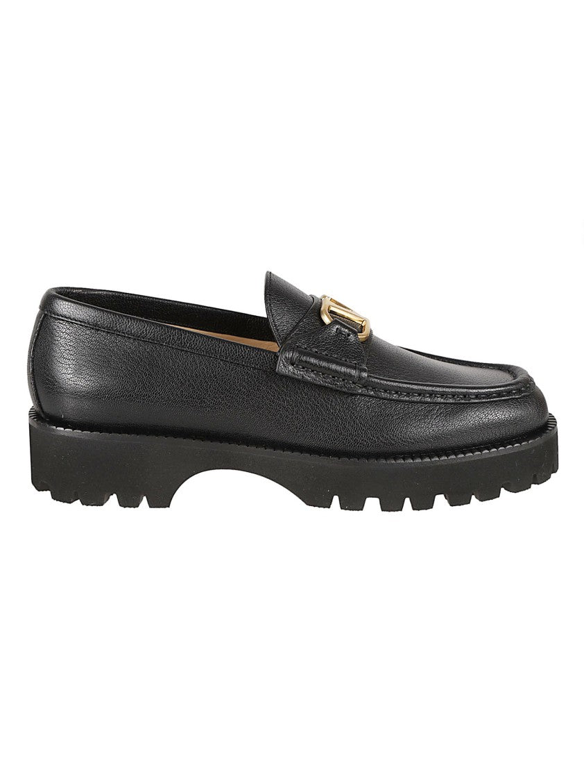Valentino Garavani Pebbled Black Leather Flat Shoes With Gold Accent