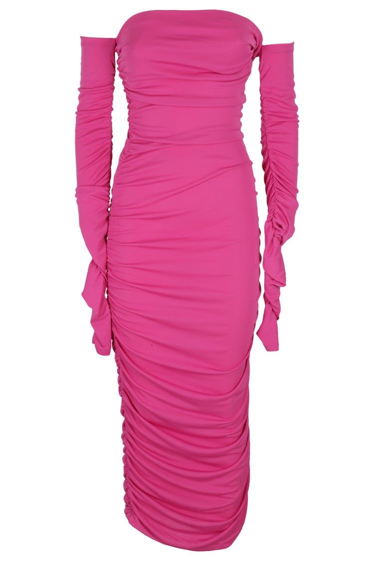 The Andamane Draped Off-Shoulder Midi Dress In Vivid Fuchsia