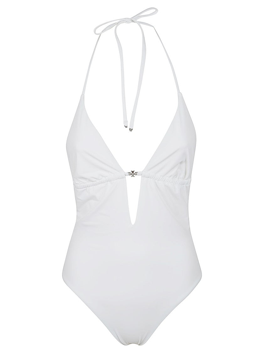Tory Burch Tie-Back One-Piece Swimsuit With Gathered Back And Logo Hardware