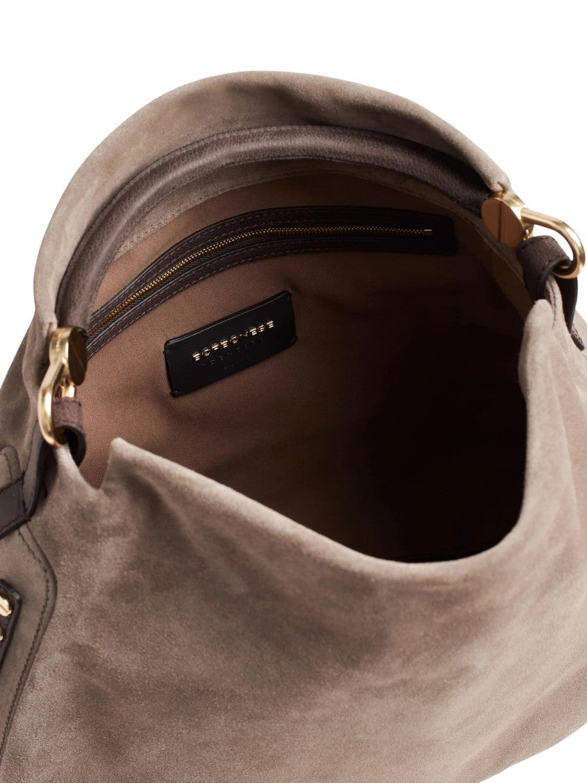 Borbonese Medium-Sized Hobo Bag In Split Suede With Calfskin Accents