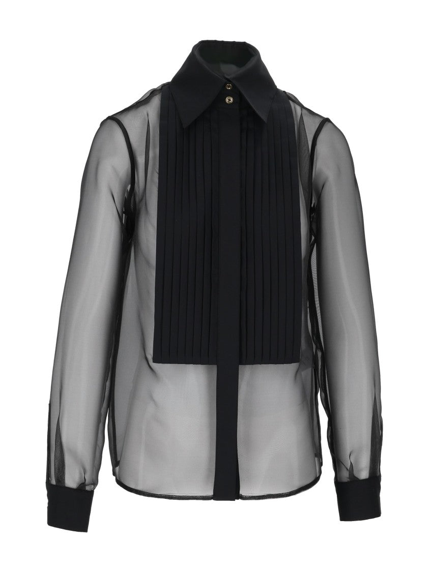Elisabetta Franchi Translucent Pleated Bib Classic Collar Blouse
