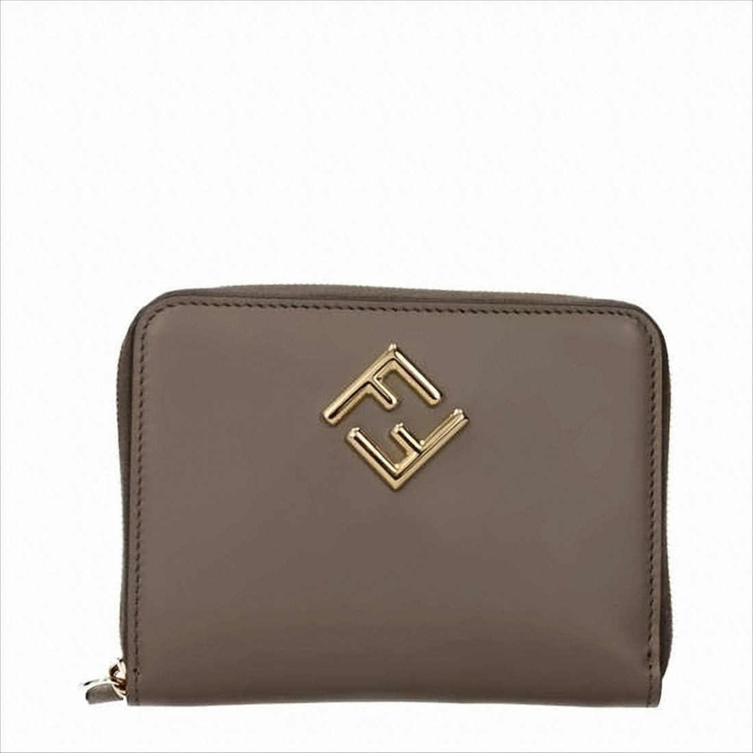 Fendi Compact Brown Calfskin Wallet With Zip-Around Closure And Gold Emblem