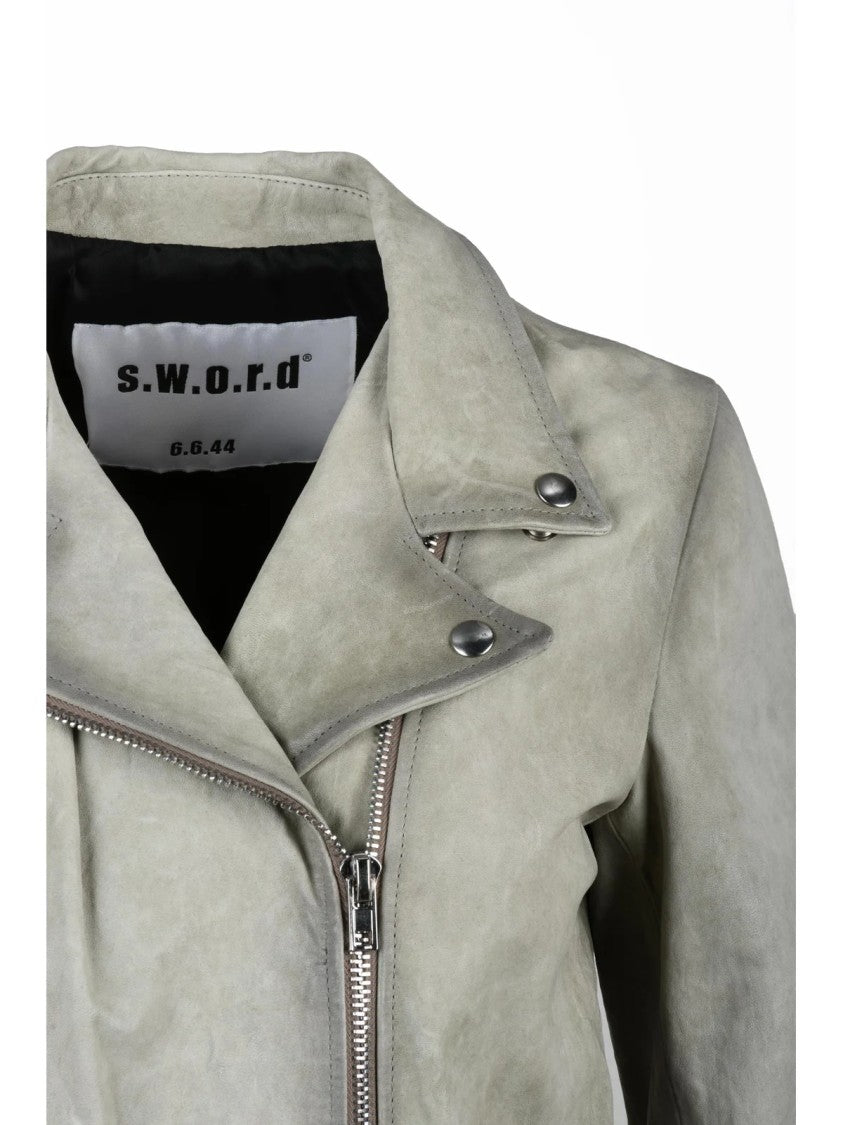 S.W.O.R.D. Beige Leather Asymmetrical Zip Biker Leather Jacket