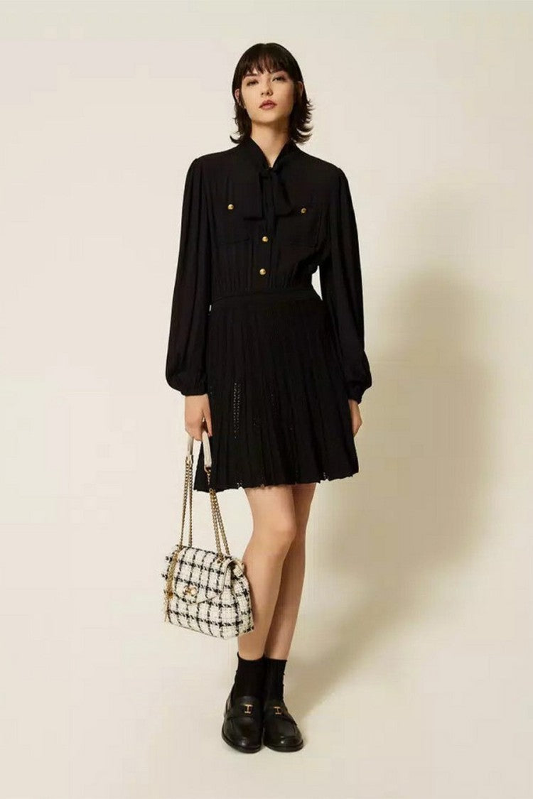 Twin-Set Black Polyamide-Viscose Blend Tie-Neck Pleated Dress