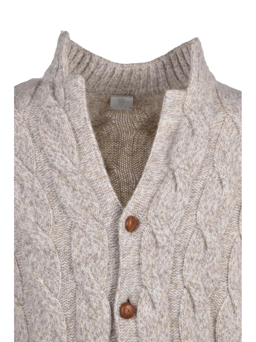 Eleventy Beige Cable Knit Button-Up Wool Cardigan