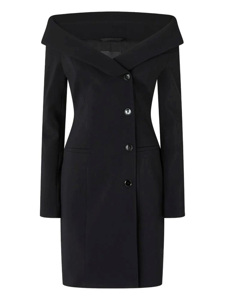 Pinko Off-The-Shoulder Black Midi Dress With Tailored Silhouette And Button Closure