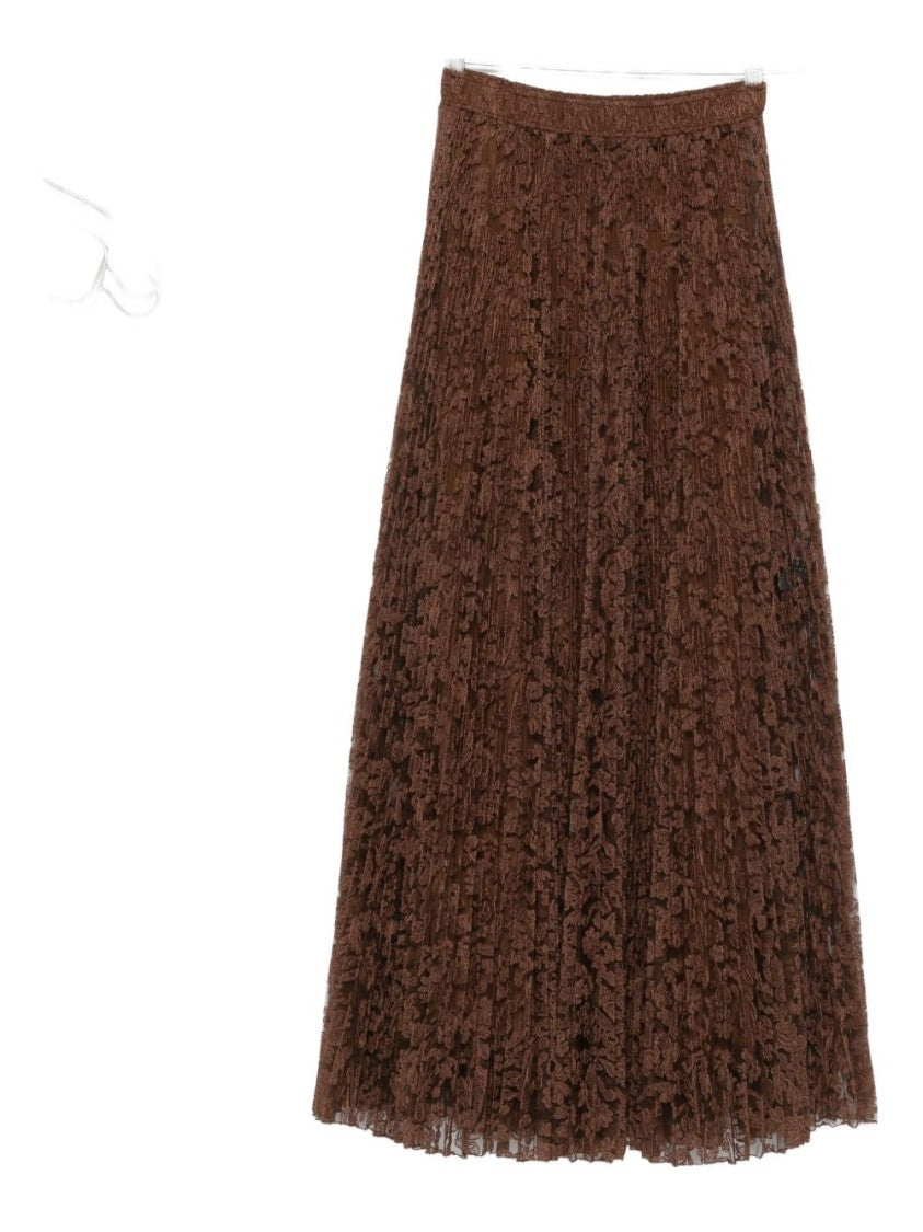 Ermanno Scervino Brown Midi Skirt With Delicate Lace Overlay