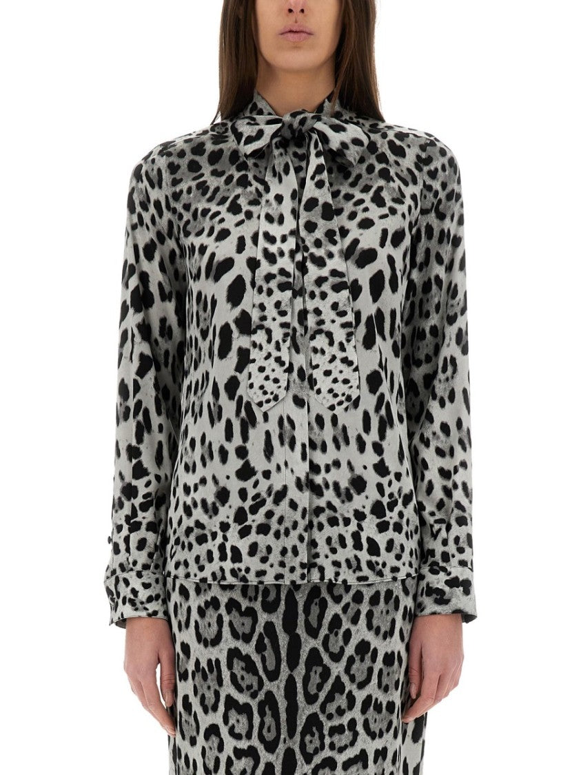 Dolce & Gabbana Leopard Print Bow Charmeuse Shirt
