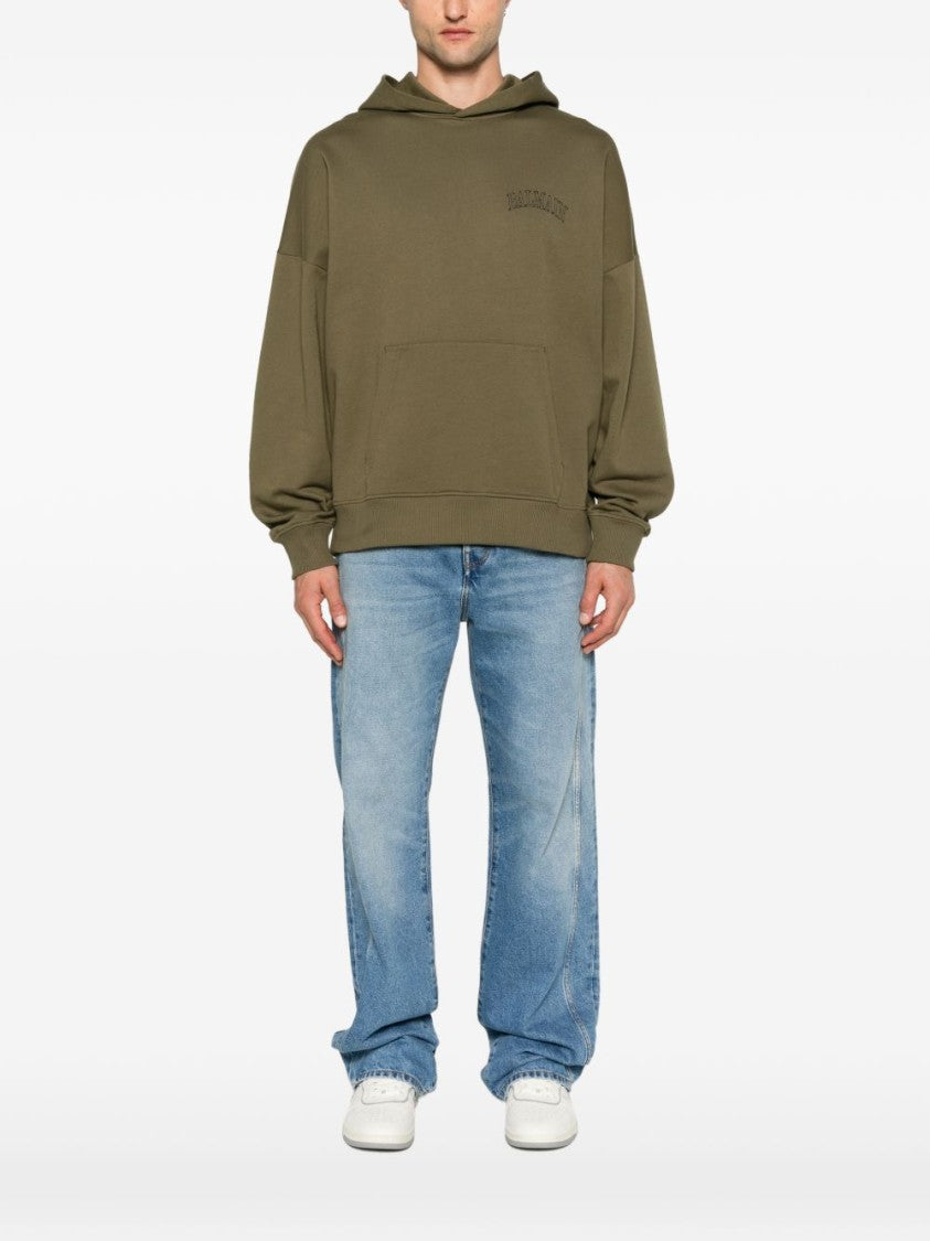 Balmain Khaki Green Cotton Jersey Hoodie With Floral Logo Print