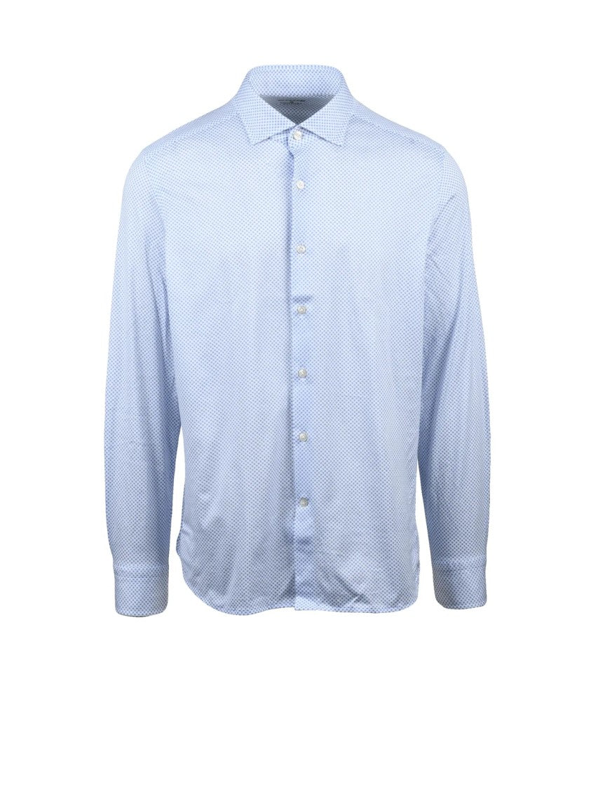 Sonrisa Fior Di Cotone Long Sleeve White And Light Blue Micro-Pattern Shirt