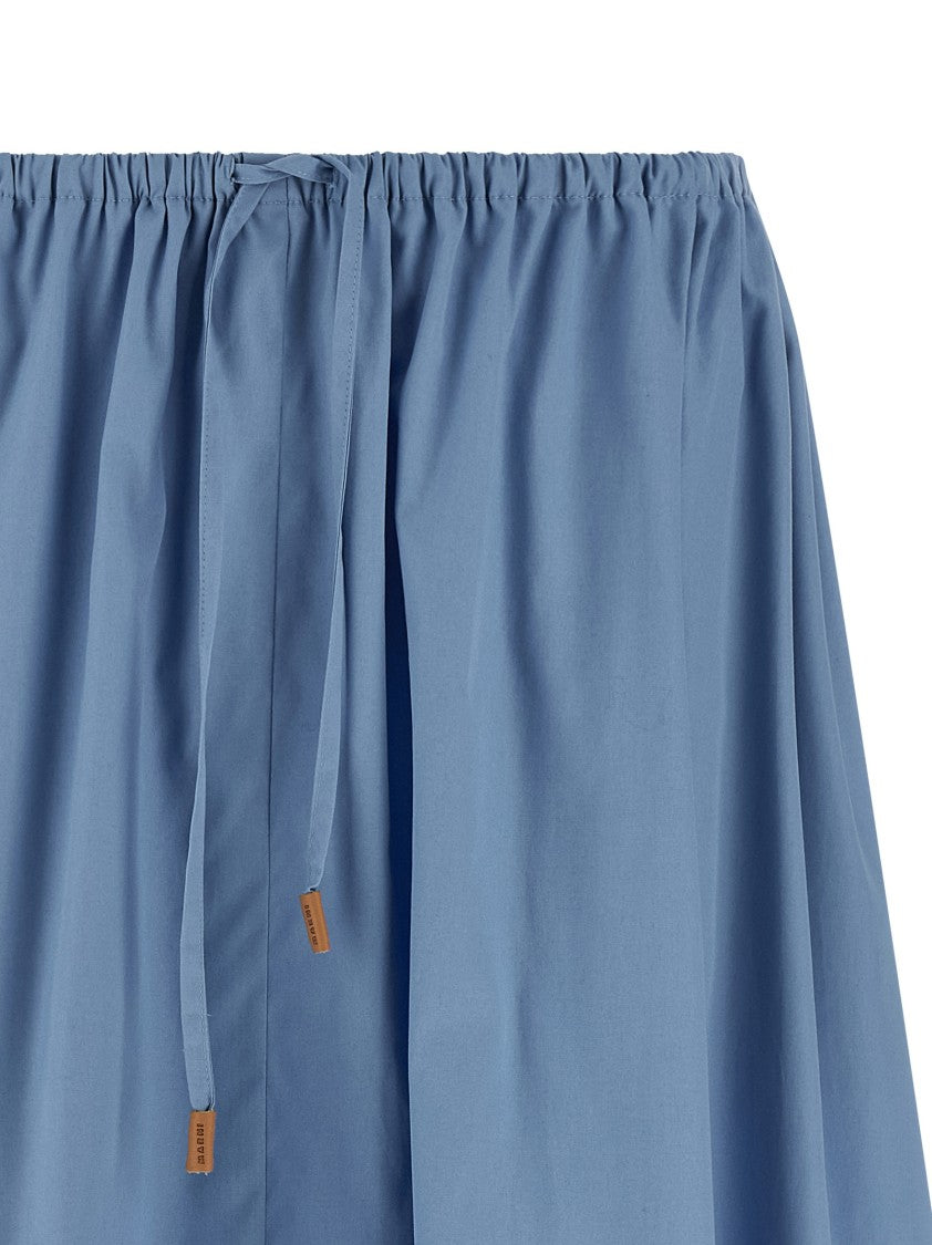 Marni Cotton Poplin Midi Skirt With Adjustable Drawstring And Leather Accents