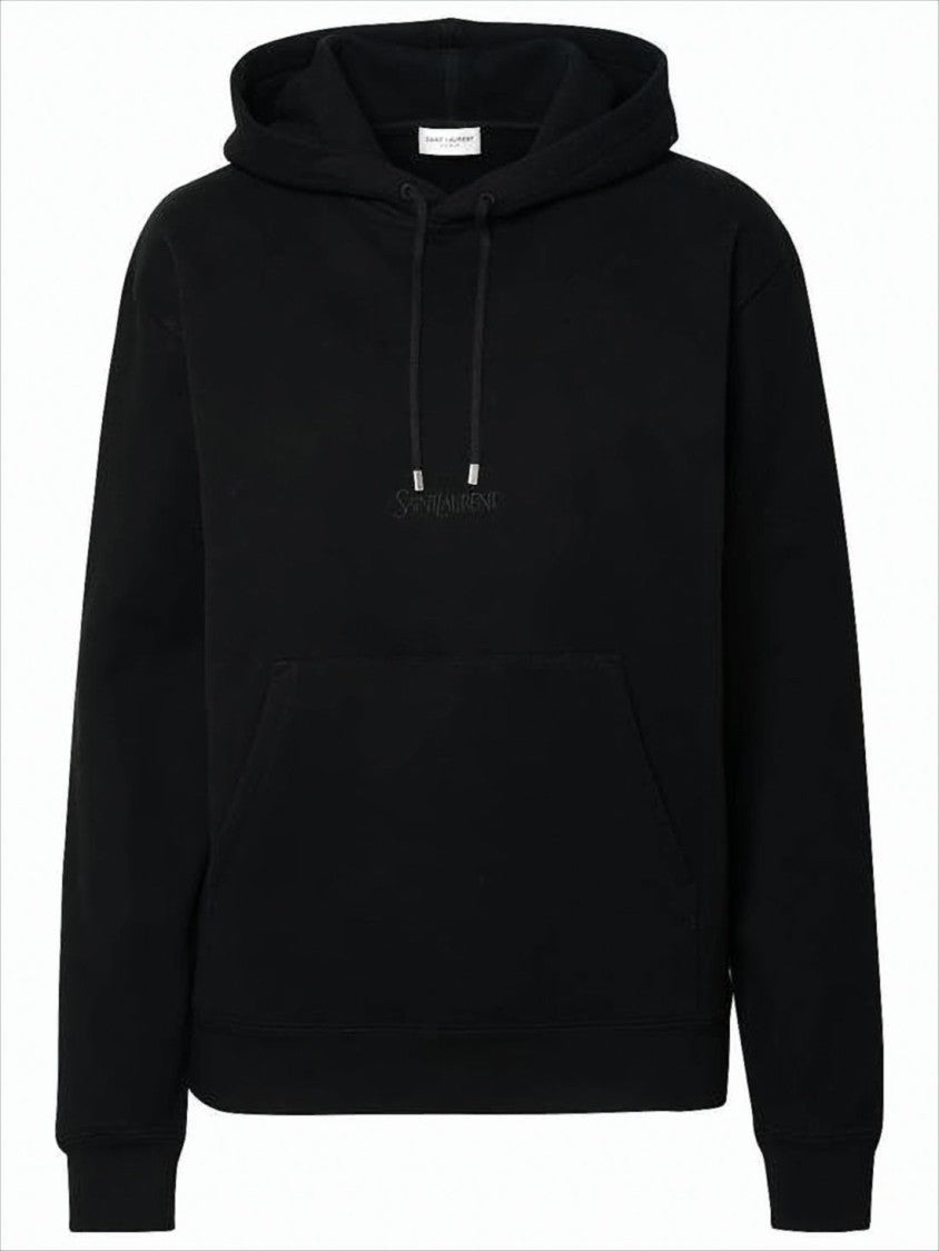 Saint Laurent Minimalistic Black Cotton Pullover Hoodie With Tonal Branding