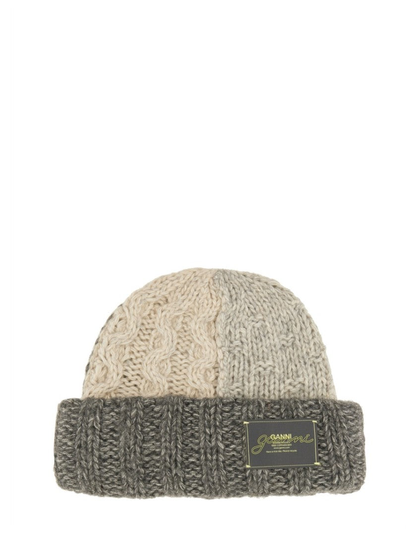 Ganni Textured Knit Cap With Ribbed Brim
