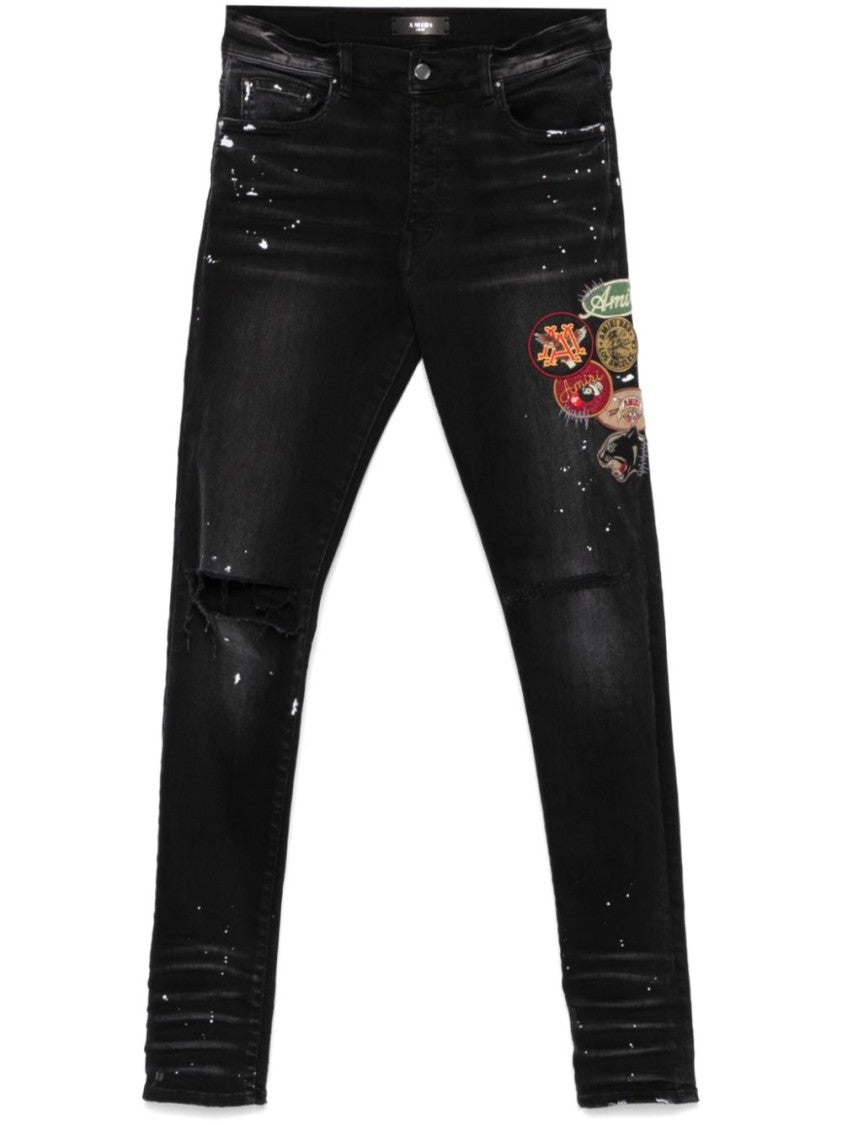 Amiri Slim Fit Black Distressed Jeans With Colorful Patches