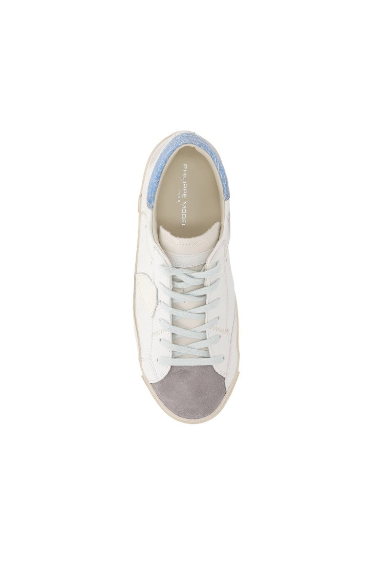 Philippe Model Paris Leather And Suede Crackled Blue Heel Sneakers