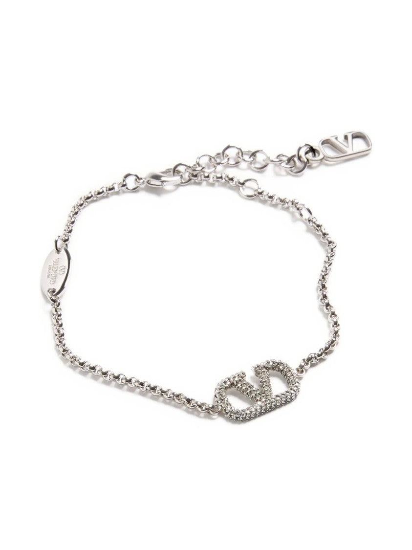 Valentino Silver V-Logo Crystal Embellished Chain Bracelet