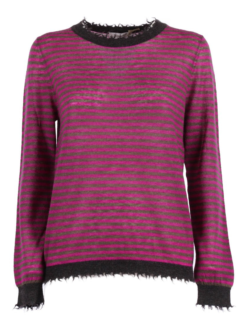 Kangra Cashmere Striped Crew Neck With Fringed Trim