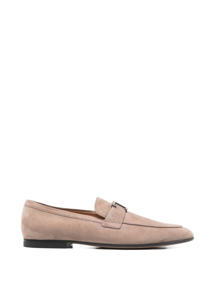 Tod's Brown Calf Suede T-Plaque Almond Flats