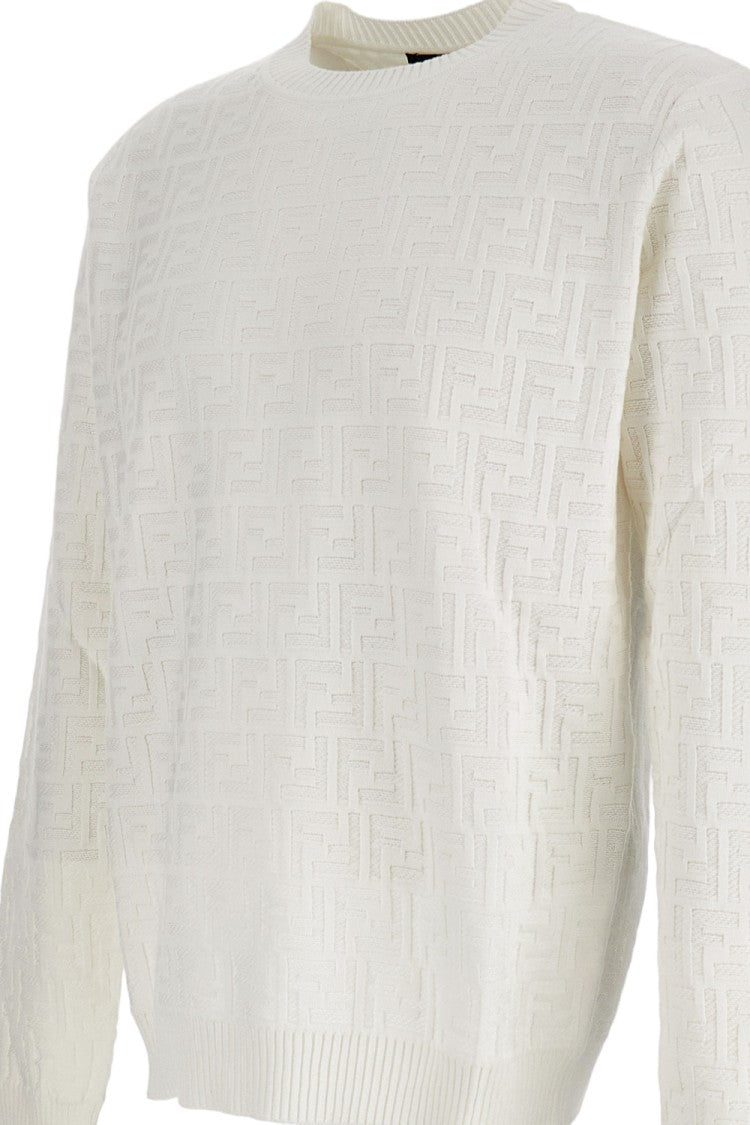 Fendi Textured White Crewneck Sweater With Ribbed Details