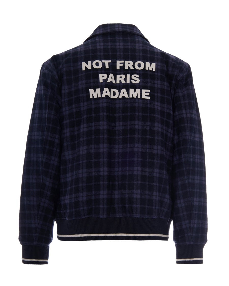 Drôle De Monsieur Navy Blue Flannel Padded Jacket With Slogan Print