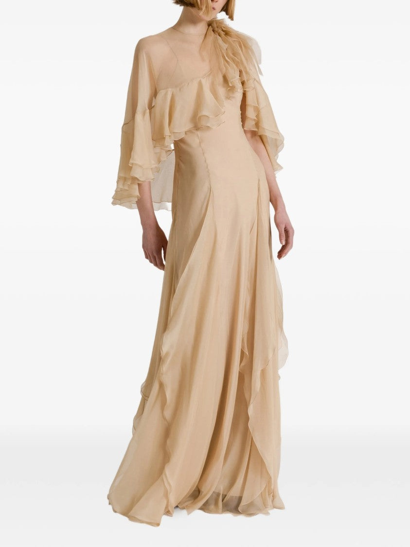 Alberta Ferretti Flowing Maxi Dress With Sheer Overlay And Ruffled Edges