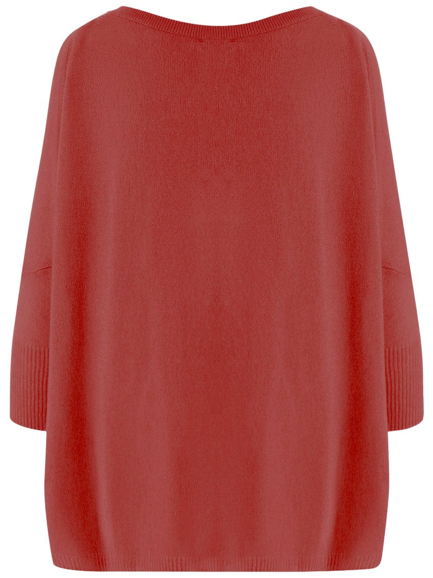 Allude Coral Red Cashmere Sweater With V-Neck